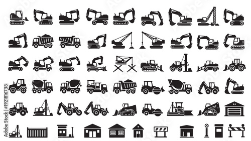 Collection of heavy machinery and construction equipment icons in various poses and views