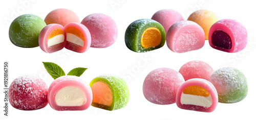 Colorful mochi ice cream set isolated on a transparent PNG background, white background, cut out