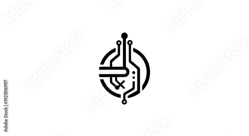 Stylized black and white logo or sigil with abstract designs.
