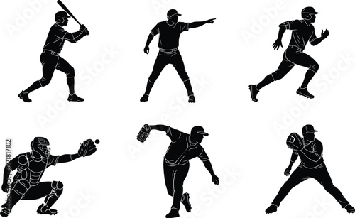 Baseball player silhouette set vector illustration, batter pitcher catcher runner fielder action poses black sports clipart collection isolated