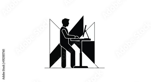 man working on laptop standing desk modern office