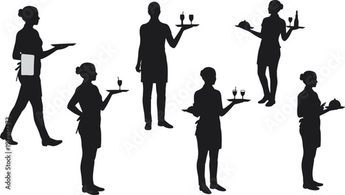 Collection of professional waitress and server silhouettes carrying trays, plates, and drinks, perfect for restaurant, food service, and hospitality themes