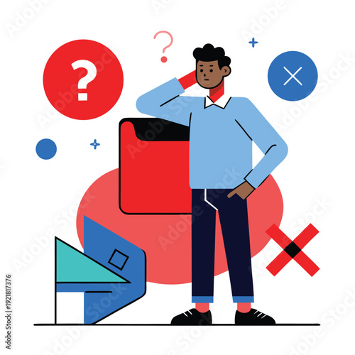 Man confused by 'X' mark and question mark, flat vector illustration with clean outlines, symbolizing failure or error.