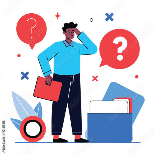Man confused by 'X' mark and question mark, flat vector illustration with clean outlines, symbolizing failure or error.