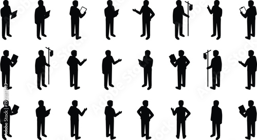 Grid of twenty stylized black silhouette icons of people in various poses, gestures, and speaking motifs for communication design