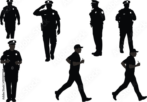 Collection of various police officer silhouettes, from running to saluting, a versatile set for law enforcement, security, and professional safety themes