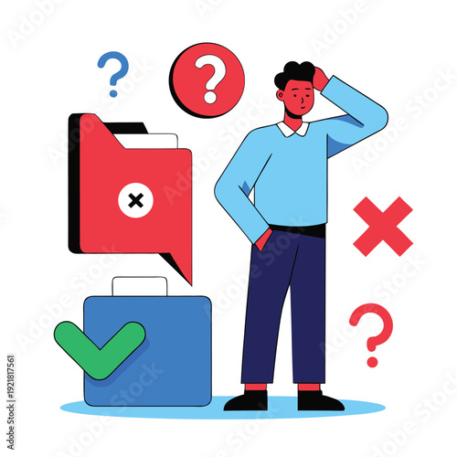 Man confused by 'X' mark and question mark, flat vector illustration with clean outlines, symbolizing failure or error.