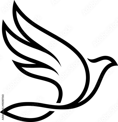 Minimalist black line art dove illustration with upward wings extended, symbolizing peace, freedom, spirituality, and graceful motion motifs
