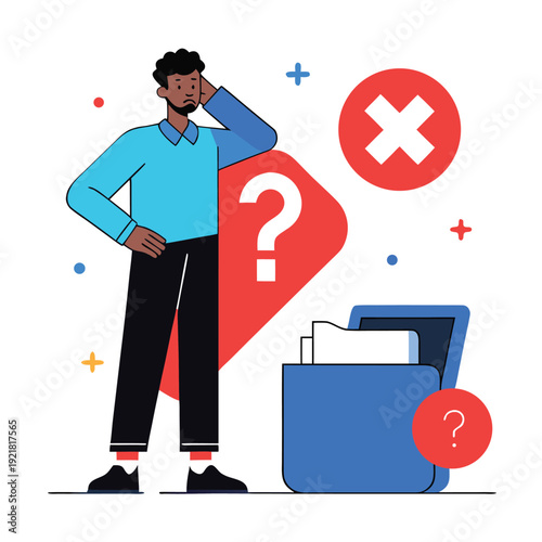 Man confused by 'X' mark and question mark, flat vector illustration with clean outlines, symbolizing failure or error.