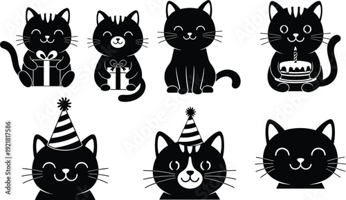 Cute black cat silhouettes set, birthday party kitten with gift cake hat vector illustration collection isolated on light background
