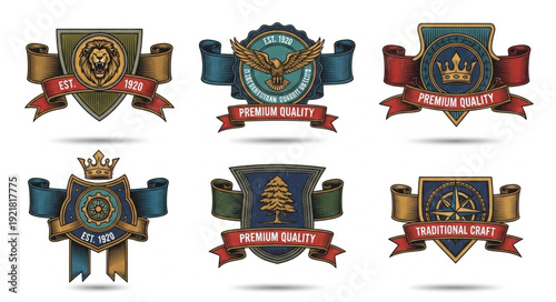 Collection of six unique heraldic crests with banners and emblems.