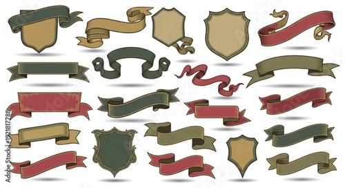 Collection of vintage banners and shields for design.