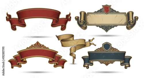 Collection of ornate vintage banners and ribbons for design.