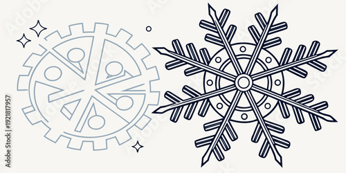 Intricate symmetrical patterns of a gear and a snowflake showcasing engineering and nature's designs
