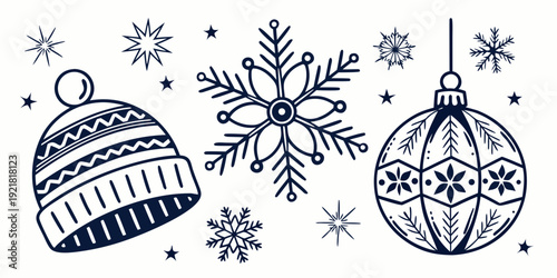 A festive illustration of snowflakes and baubles in a winter wonderland scene