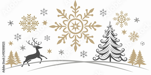 Winter scene with snowflakes, reindeer, and pine trees on a hillside