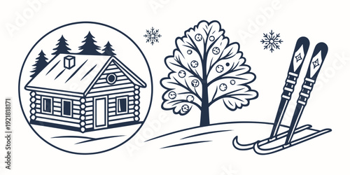 A serene winter scene with a cozy cabin, a snow-covered tree, and a pair of skis