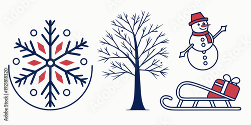 Winter scene with snowflake, tree, snowman, and sled