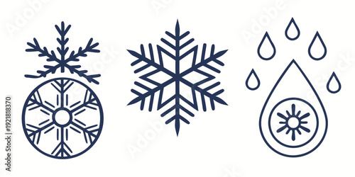 A detailed illustration of various snowflakes and water droplets