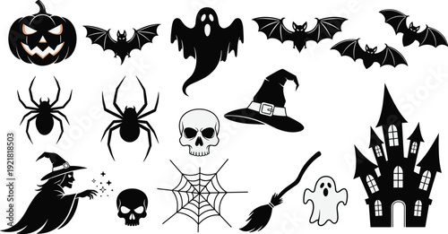 Halloween black silhouette icons set, spooky pumpkin bat ghost witch skull spider haunted house vector collection isolated on white background