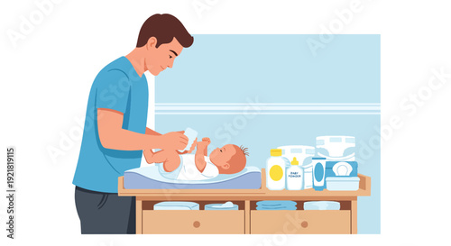 Modern vector illustration of father changing baby diaper on nursery table in flat solid color style showing hands on fatherhood, daily parenting duties and childcare commitment