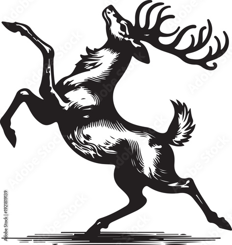 majestic deer stag rising hind legs sketch engraving generative ai fictional character PNG illustration. Scratch board imitation. Black and white 