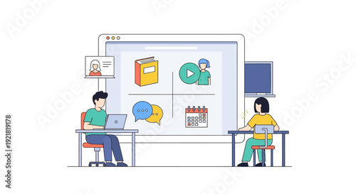 E-Learning and Online Education Concept. Students Studying Remotely via Digital Courses, Webinars, and Video Lectures on a Virtual Platform.