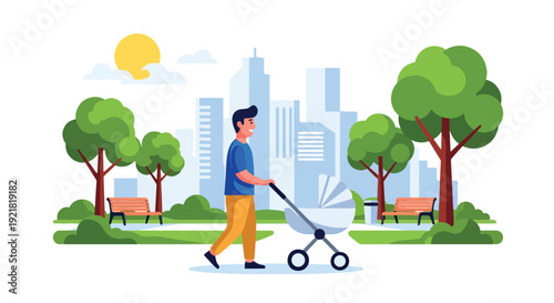 Modern vector illustration of father pushing stroller in park pathway in flat solid color style representing active fatherhood, outdoor bonding and modern parenting lifestyle