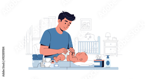 Modern vector illustration of father changing baby diaper on nursery table in flat solid color style showing hands on fatherhood, daily parenting duties and childcare commitment