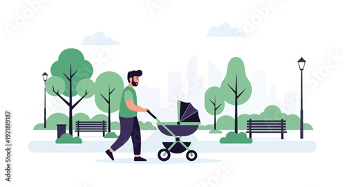 Modern vector illustration of father pushing stroller in park pathway in flat solid color style representing active fatherhood, outdoor bonding and modern parenting lifestyle