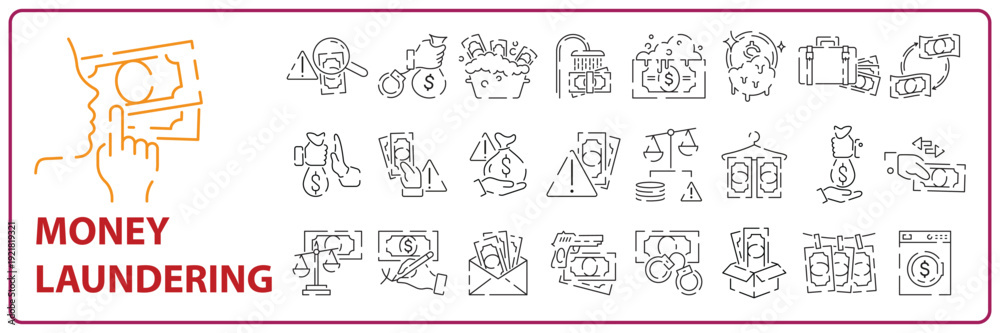 Fototapeta premium Money crime line icons fraud online thief and steal cash set phishing robbery launder money crime and tax offense financial evasion online fraud and wallet cash vector
