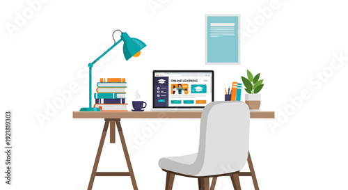 Flat Vector Illustration of Online Learning Workspace Setup with Laptop, Books, and Desk Lamp. Home Education and Remote Study Concept on White Background.
