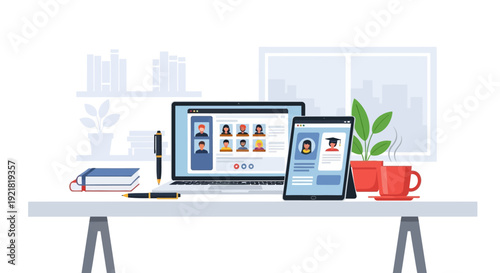 Remote E-Learning and Video Conference Desk Setup. Virtual Classroom Meeting on Laptop and Tablet Screens. Distance Education and Home Office Illustration.