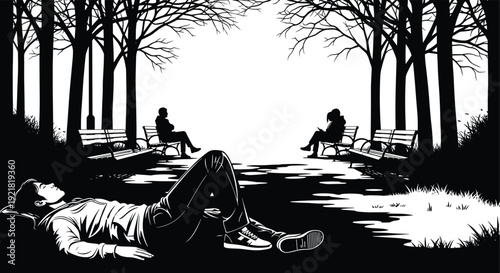 Black and white of a man lying on the ground in a park with people sitting on benches