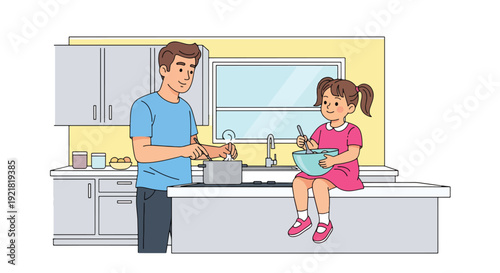 Modern vector illustration of father cooking in kitchen with child helping in flat solid color style representing involved fatherhood, teamwork and family bonding at home