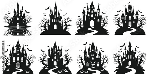 Haunted castle silhouette set, spooky Halloween mansion with bats trees pumpkins, gothic vector illustration collection isolated on light background