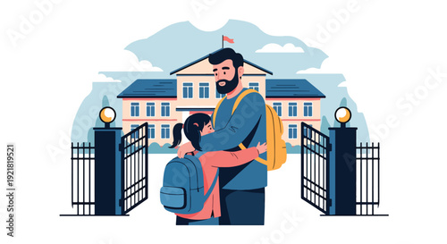 Modern vector illustration of father hugging child at school entrance in flat solid color style emphasizing emotional fatherhood support, trust and protective parenting role