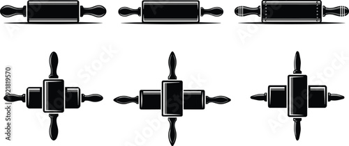 Rolling pin vector set, vintage kitchen baking utensil silhouettes collection with wooden pastry rollers isolated on white background
