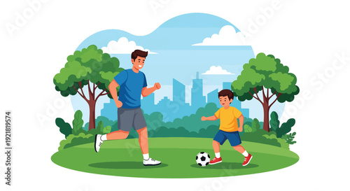 Modern vector illustration of father playing soccer with son in park field in flat solid color style celebrating active fatherhood, bonding, teamwork and healthy family lifestyle