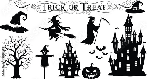 Trick or Treat Halloween silhouette vector set, witch grim reaper haunted castle pumpkin bats tree spooky black illustration collection