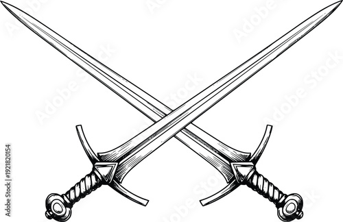 Crossed Medieval Swords Black White Vector Illustration