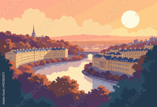 Royal Crescent Bath curving across frame Golden Bath stone glowing under soft amber sunset Neoclassical architectural style