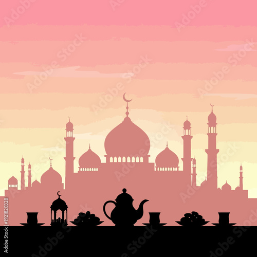 Cute, flat vector illustration Peaceful Islamic mosque silhouette at sunset with a traditional tea set and refreshments for cultural celebration