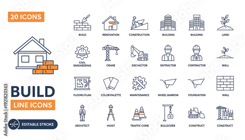 Construction line icon collection. Includes house, blueprint, excavator, hammer, cement mixer, crane, hard hat, level, saw, drill, blueprint, and 10 more construction symbols. Created in simple