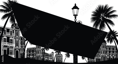 Black silhouette billboard among palm trees and vintage buildings street lamp