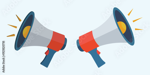 Two loudspeakers or megaphones facing each other with sound waves