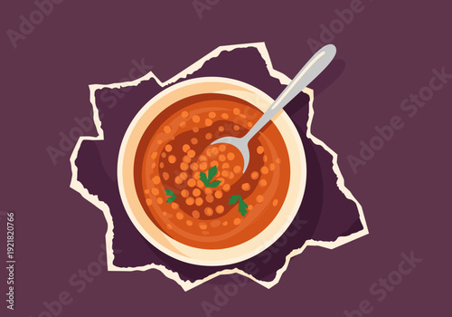 An overhead view of a bowl of hearty lentil soup, with a spoon resting in it. The soup is a rich burnt orange color. Part of the background is a "Torn Paper" shape.