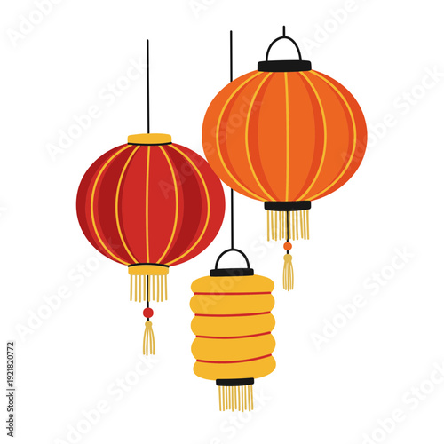 A group of hanging Chinese paper lanterns of varying sizes appear to float in mid-air. Simple gold tassels hang from below. Isolated on a transparent background.