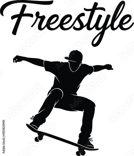 Black silhouette of skateboarder in freestyle pose with outstretched arms and bent knees on white background with freestyle text