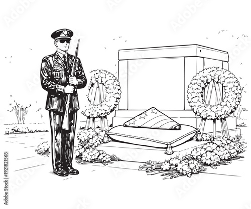 Honor Guard Standing Beside Tomb with Wreaths – Memorial Line Art Illustration